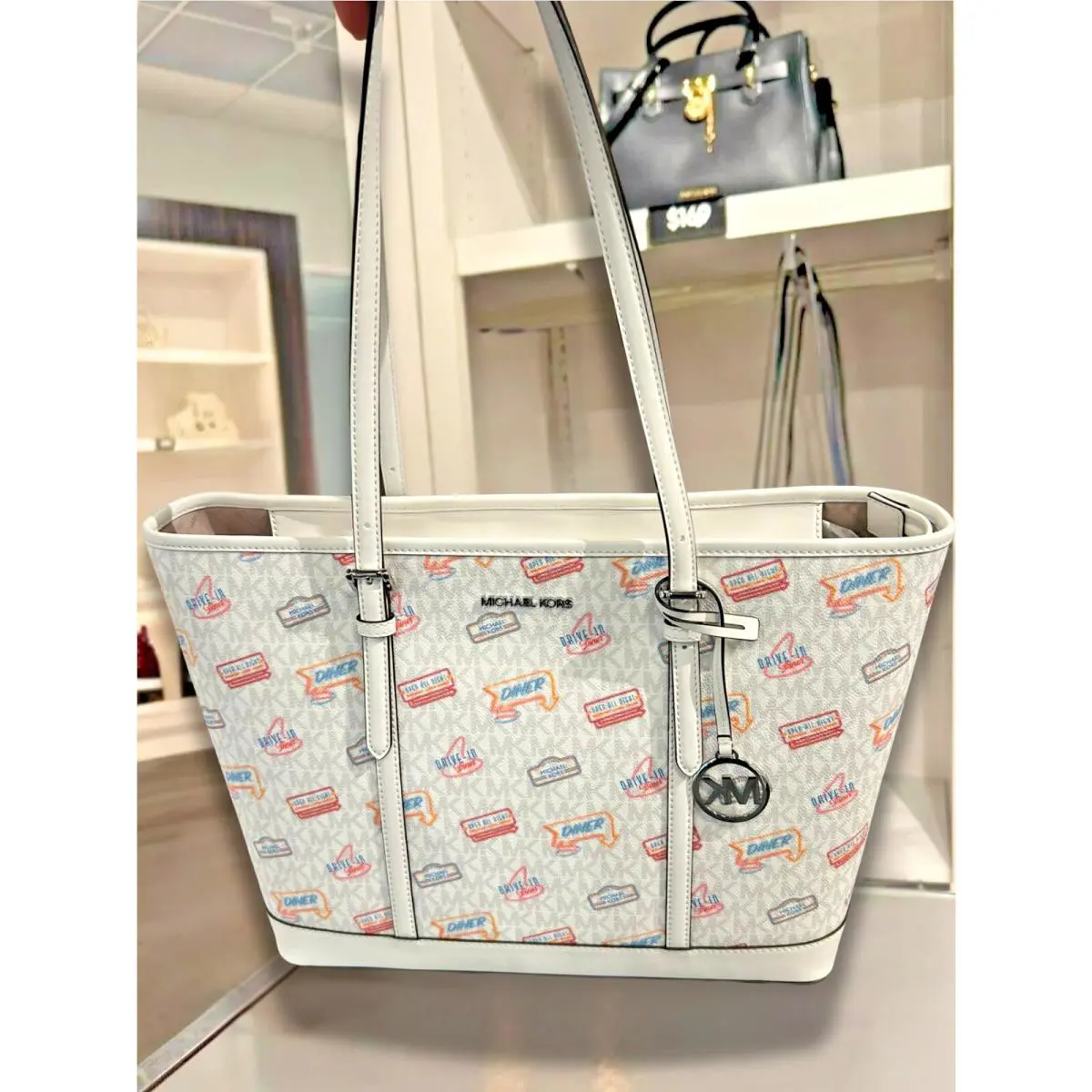 Michael Kors Jet Set Women Large Printed MK Logo Shoulder Tote Bag Handbag Purse