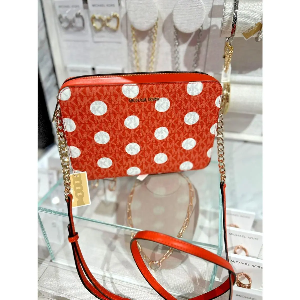 Michael Kors Jet Set Women Large Polka Dot Signature Logo Crossbody Bag Red Clay