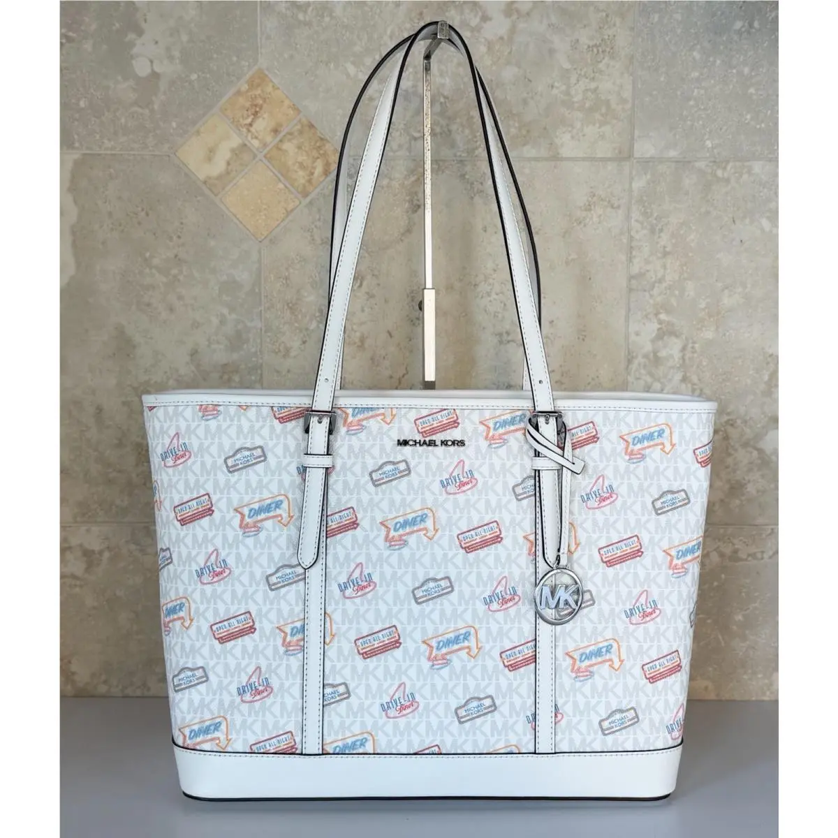 Michael Kors Jet Set Travel Large Shoulder Tote Bag MK Optic White Multi