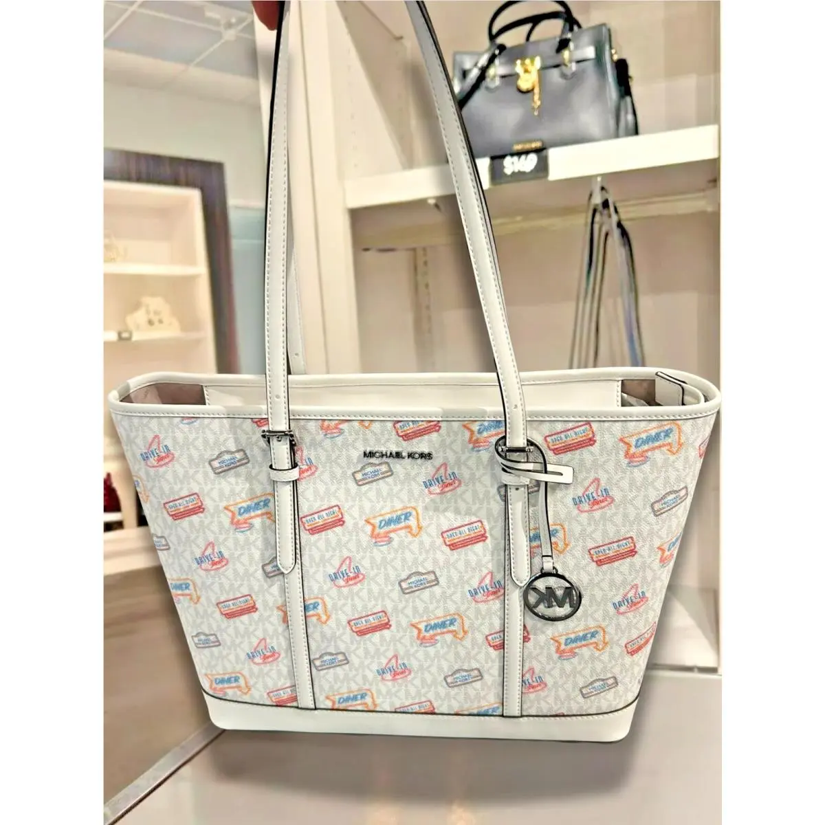 Michael Kors MK Jet Set Women Large Handbag Purse Shoulder Tote Bag Optic White