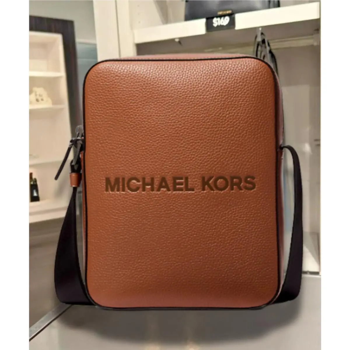 Michael Kors Cooper Men Logo Embossed Leather Crossbody Messenger Bag Luggage