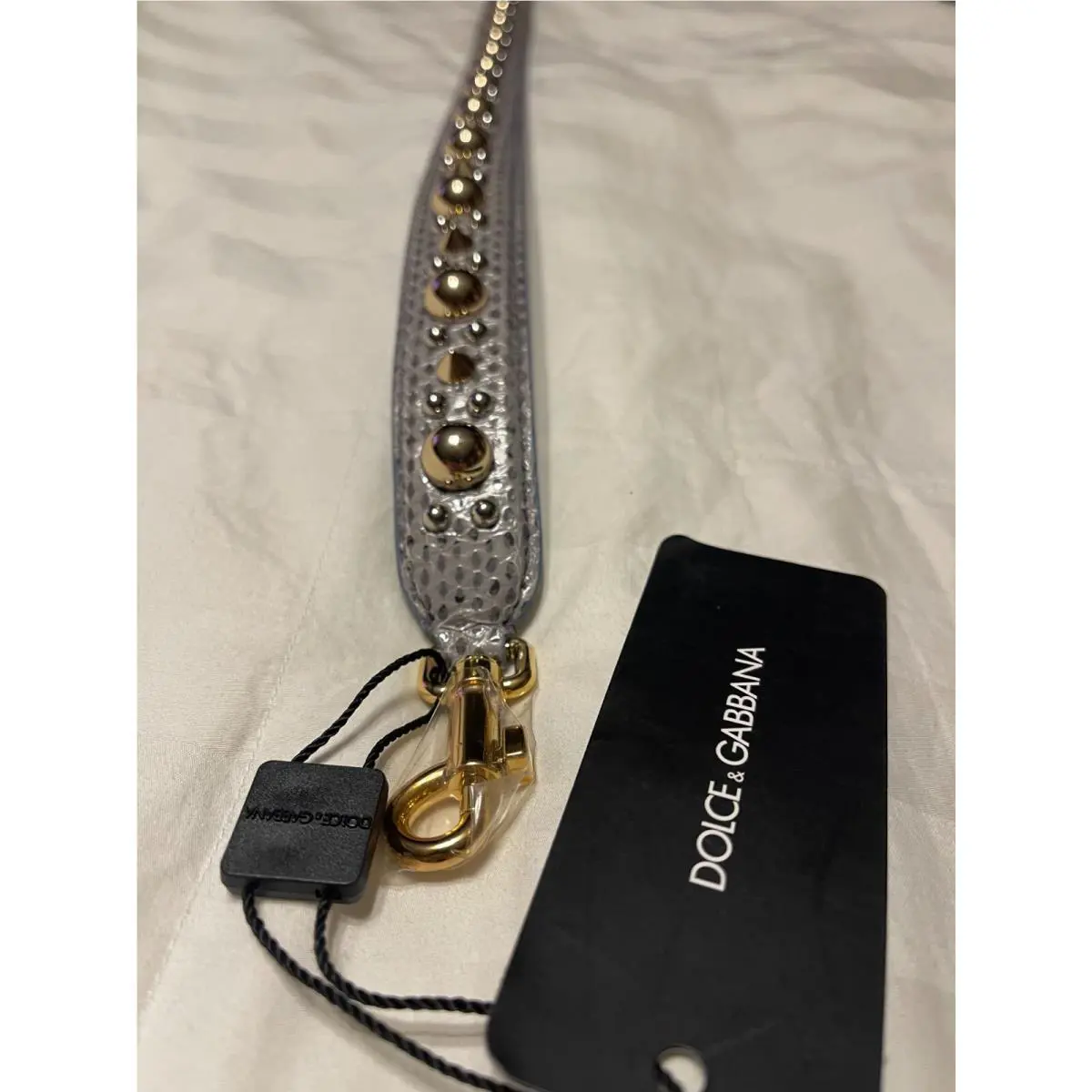 Dolce Gabbana Gold Silver Studded Leather Bag Strap Handle Light Blue Greige