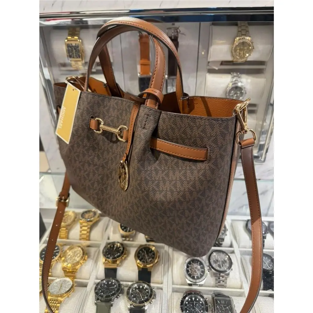 Carson Womens Medium Logo Print Leather Satchel Crossbody Bag Brown by Michael Kors