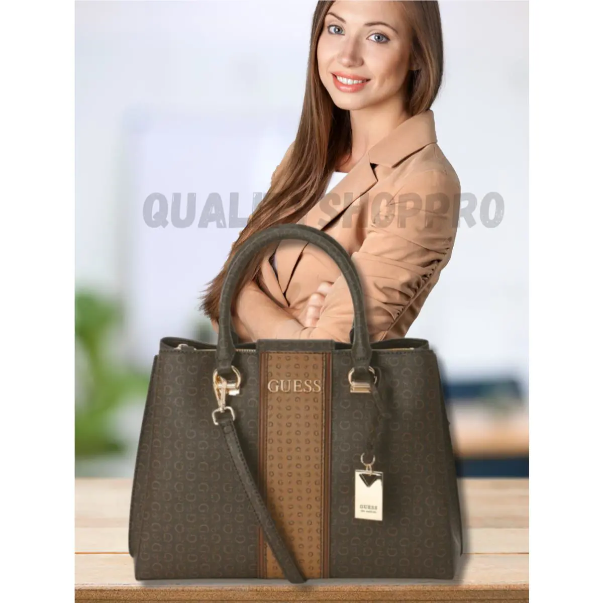 Guess Dark Brown Handbag with Gold Details Removable Strap