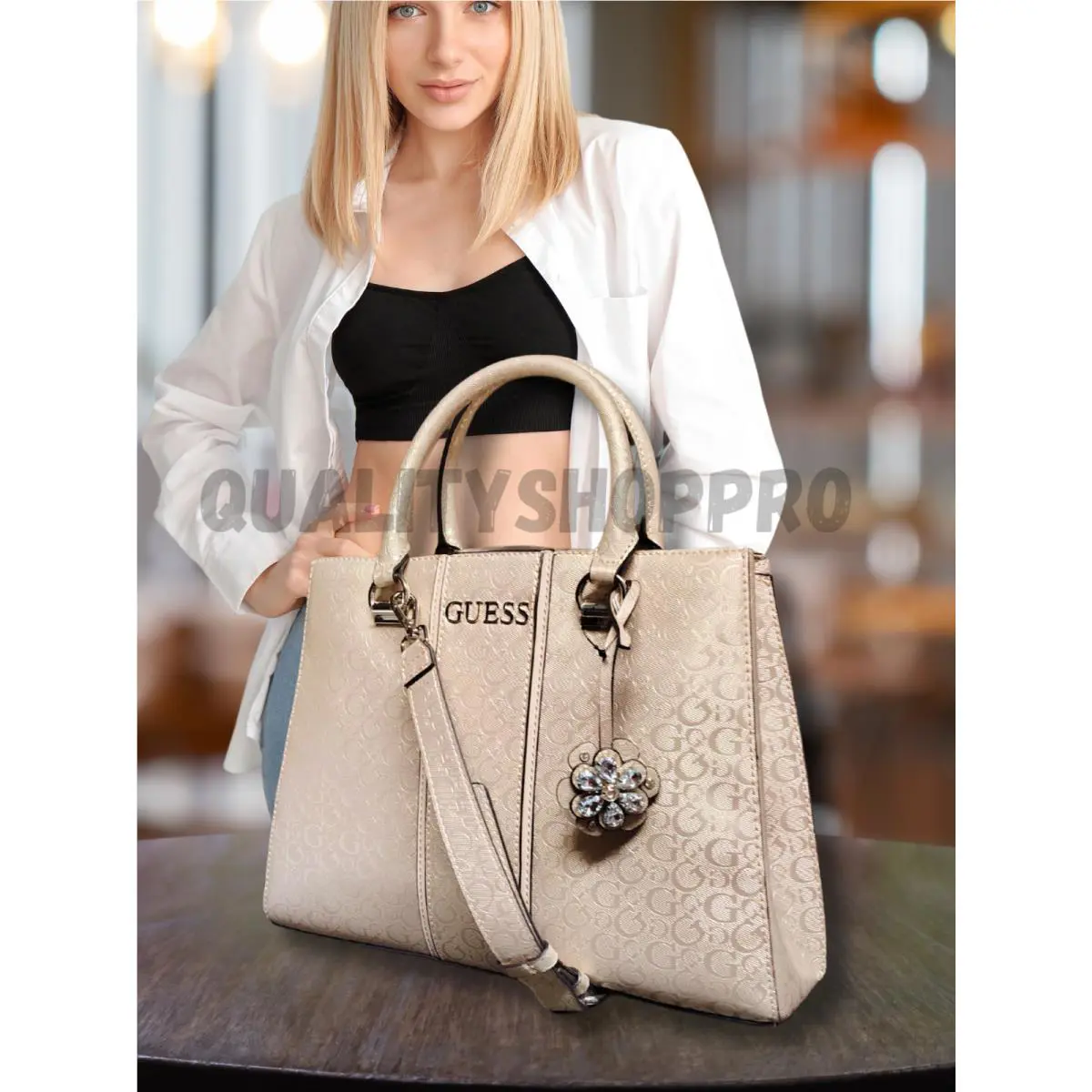 Guess Rose Pink Logo Handbag – Elegant Spacious Gold Charm Detail