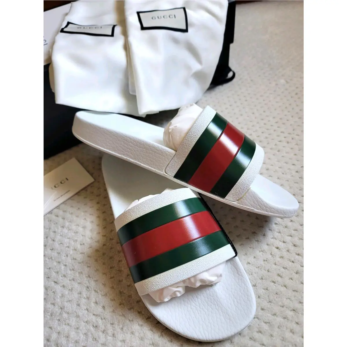 Gucci Pursuit Stripes White Pool Slides Mens - White Gucci Web Size US 7