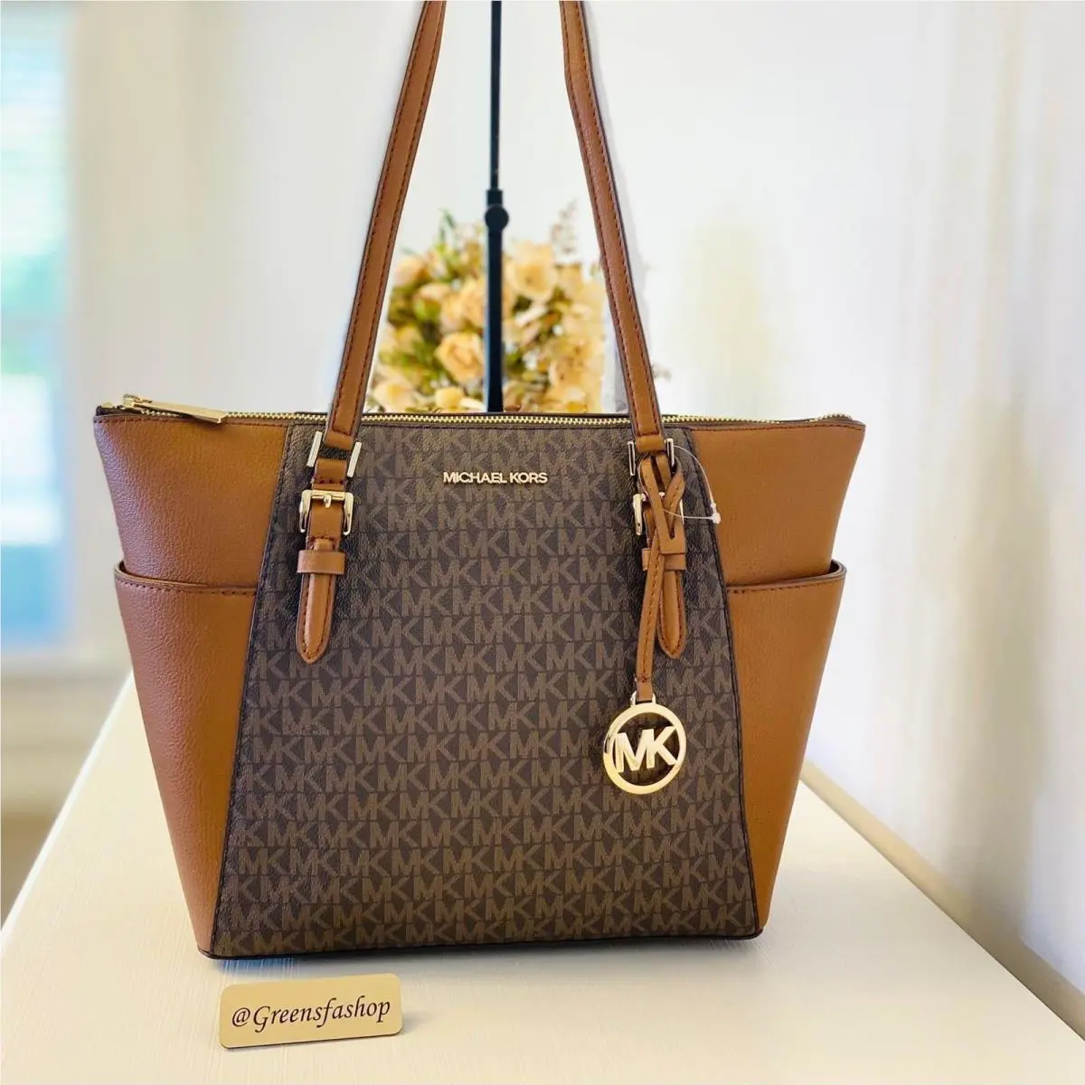 Michael Kors Charlotte Top Zip Tote Shoulder Bag Brown Signature MK