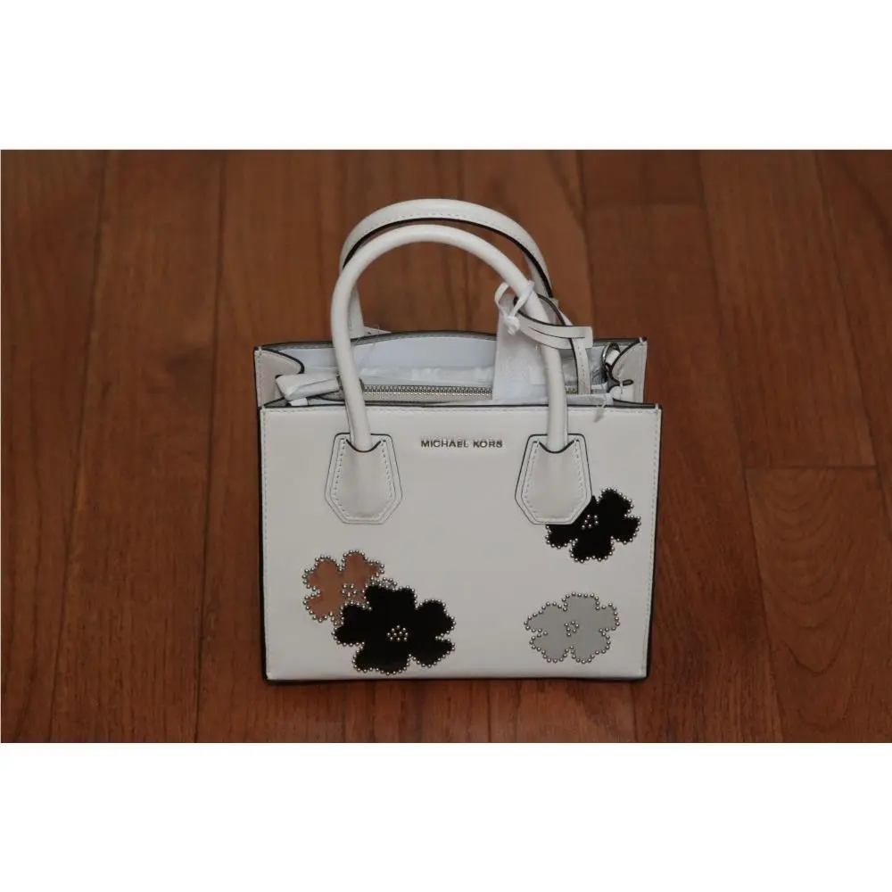 Michael Kors Mercer Flowers Medium Messenger Cross Body Bag Optic White