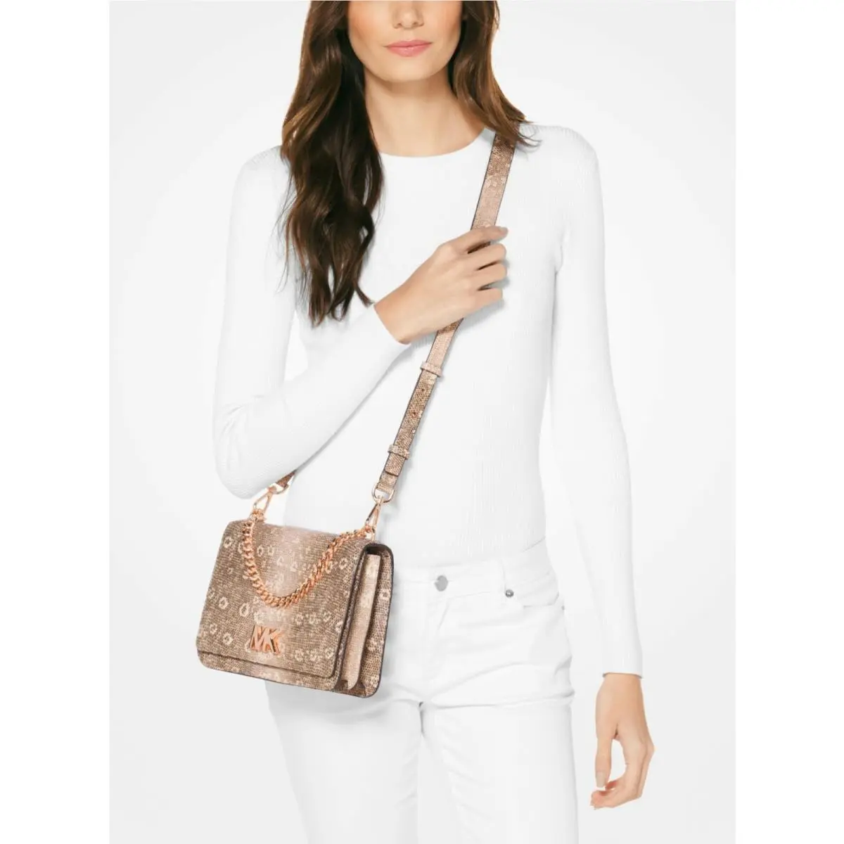 Michael Kors Jmott Lizard-embossed Leather Crossbody Oyster Wrosegoldtonehardwr