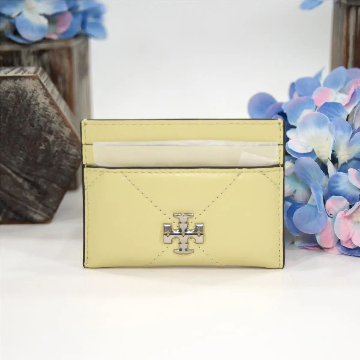 Tory Burch Pear Green Leather Kira Quilted Logo Card Case Mini Wallet
