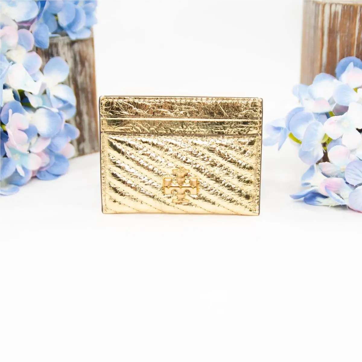 Tory Burch Metallic Gold Leather Kira Quilted Logo Card Case Mini Wallet