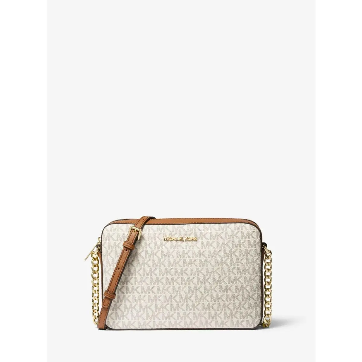 Ntw Michael Kors Jet Set Large Printed Logo Crossbody Bag Vanilla with Gold-tone
