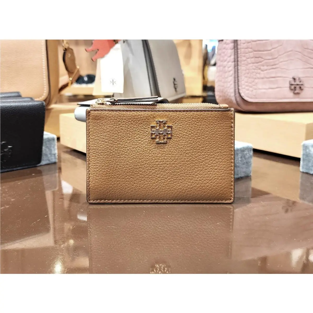 Tory Burch Britten Moose Brown Pebbled Leather Zip Card Case 141006