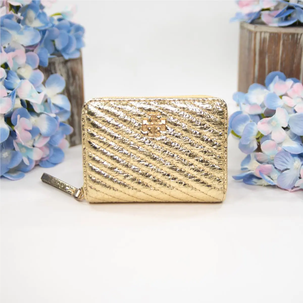 Tory Burch Kira Metallic Moto Quilt Gold Leather Small Zip Wallet