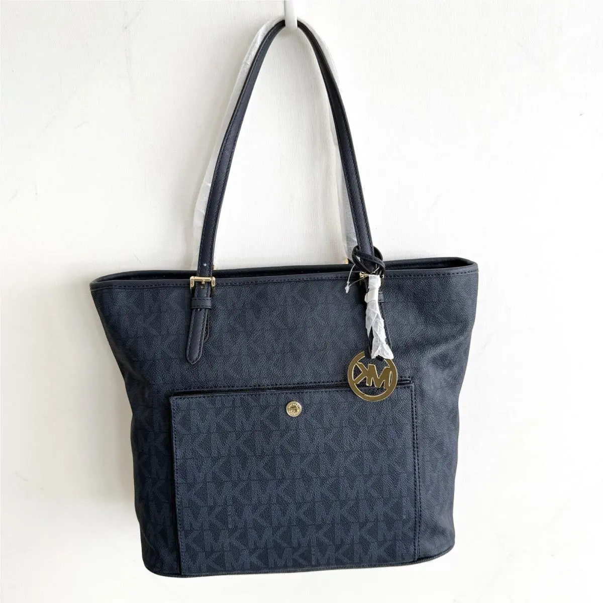 Michael Kors Jet Set Large Top Zip Tote Bag Snap Pocket Blue Golden Hwre