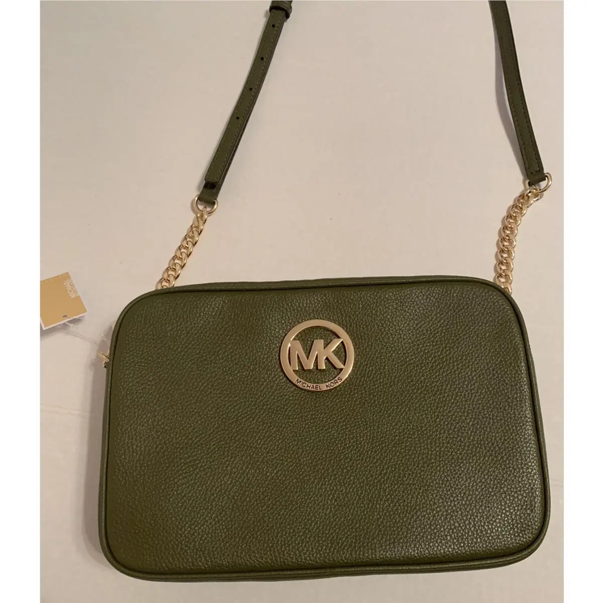 Michael Kors MK Fulton Leather Large Crossbody Duffle Green Adjstbl Strap Tg