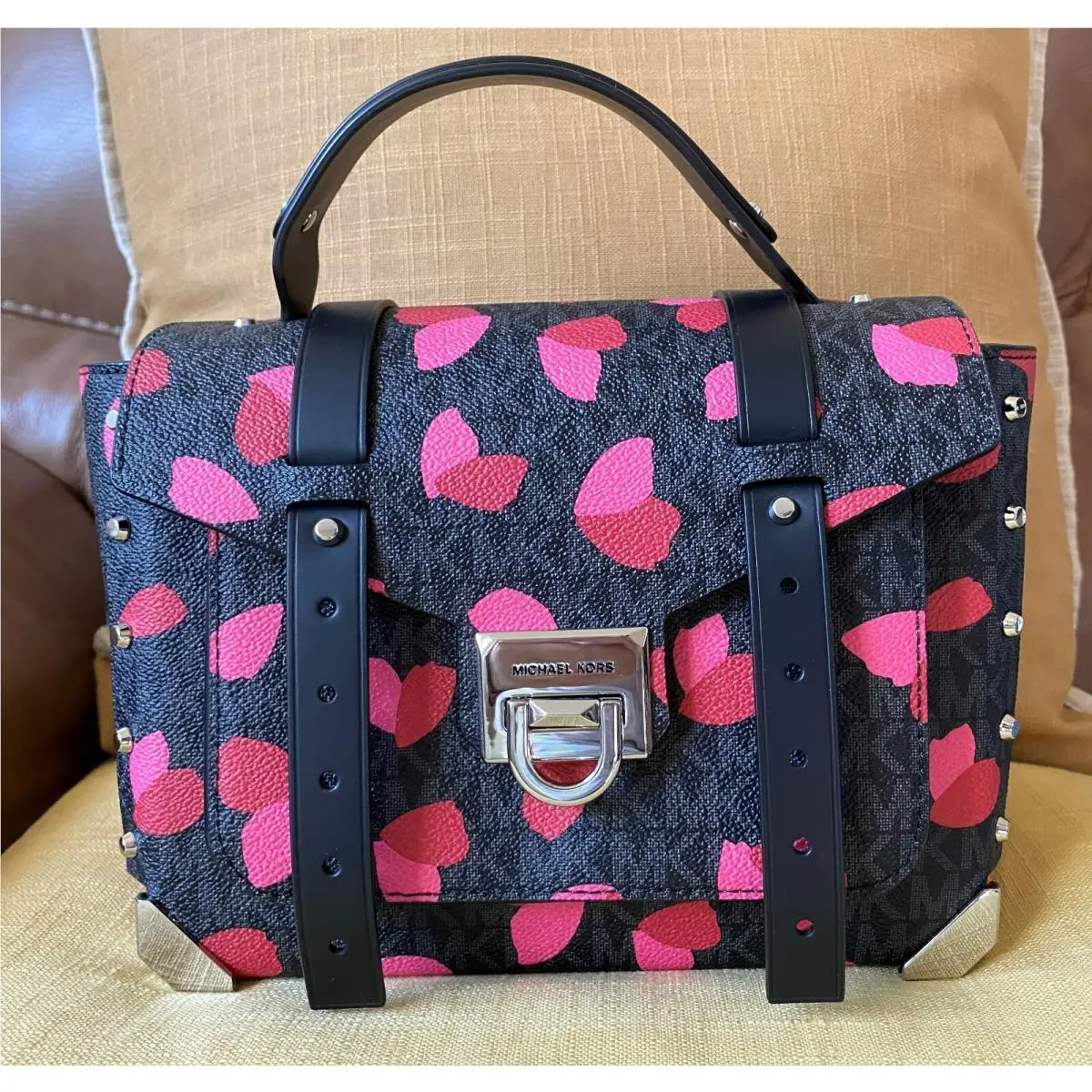 Manhattan Medium Satchel Black Leather Red Petal Log Combo by Michael Kors