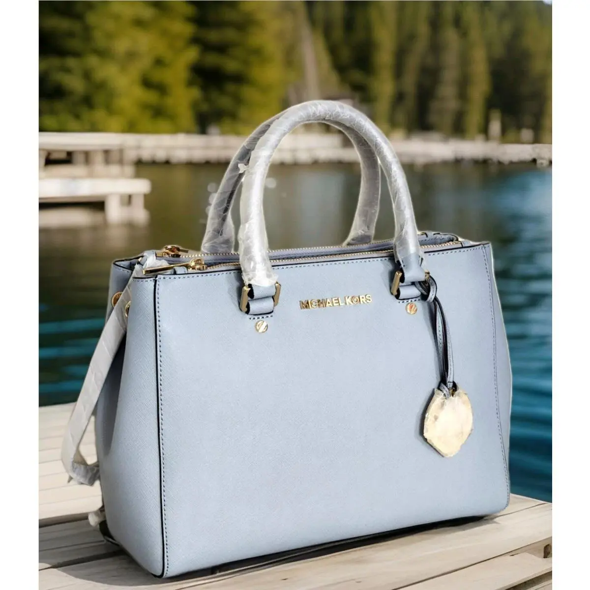 Michael Kors Sutton Pale Blue Saffiano Leather Medium Satchel Bag Purse