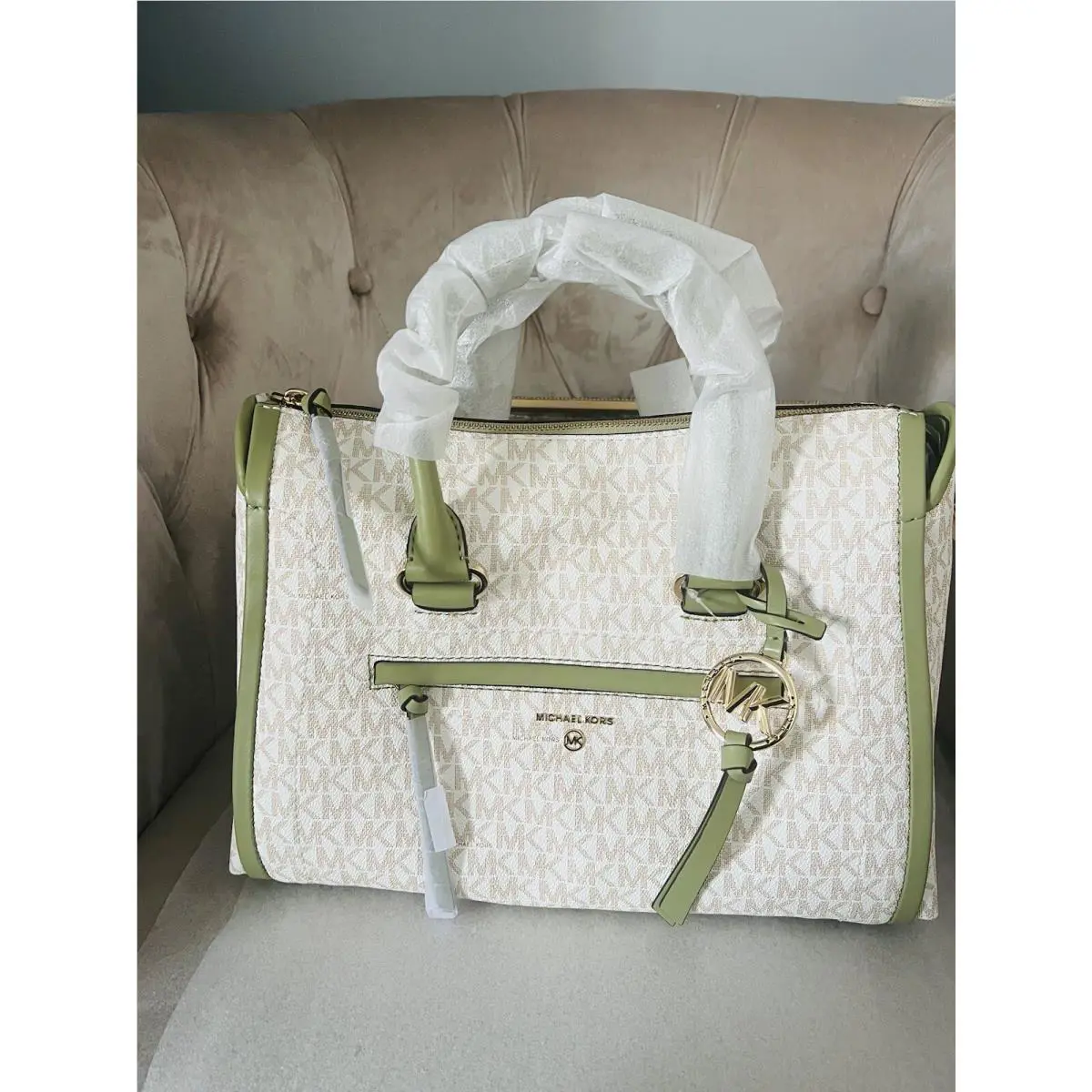 Michael Kors Carine Medium Satchel Crossbody Bag Handbag Vanilla Green Sage