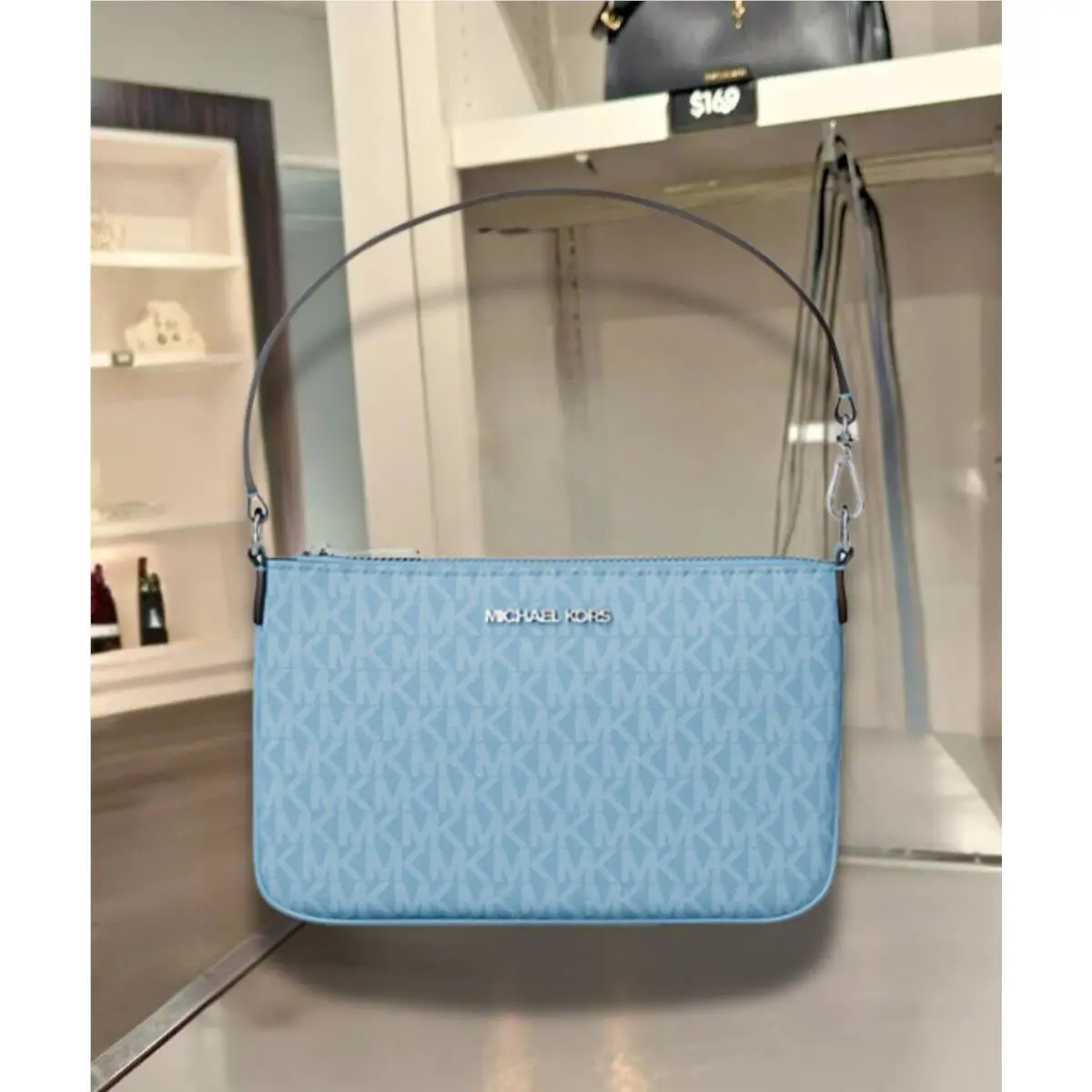Michael Kors Jet Set Women Small MK Logo Convertible Pouch Wristlet Blue Clutch