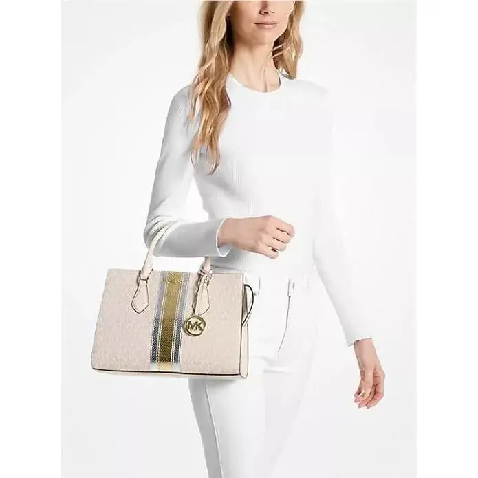 Michael Kors Sheila Crossbody Handbag Bag Satchel Vanilla MK Purse Pale Gold