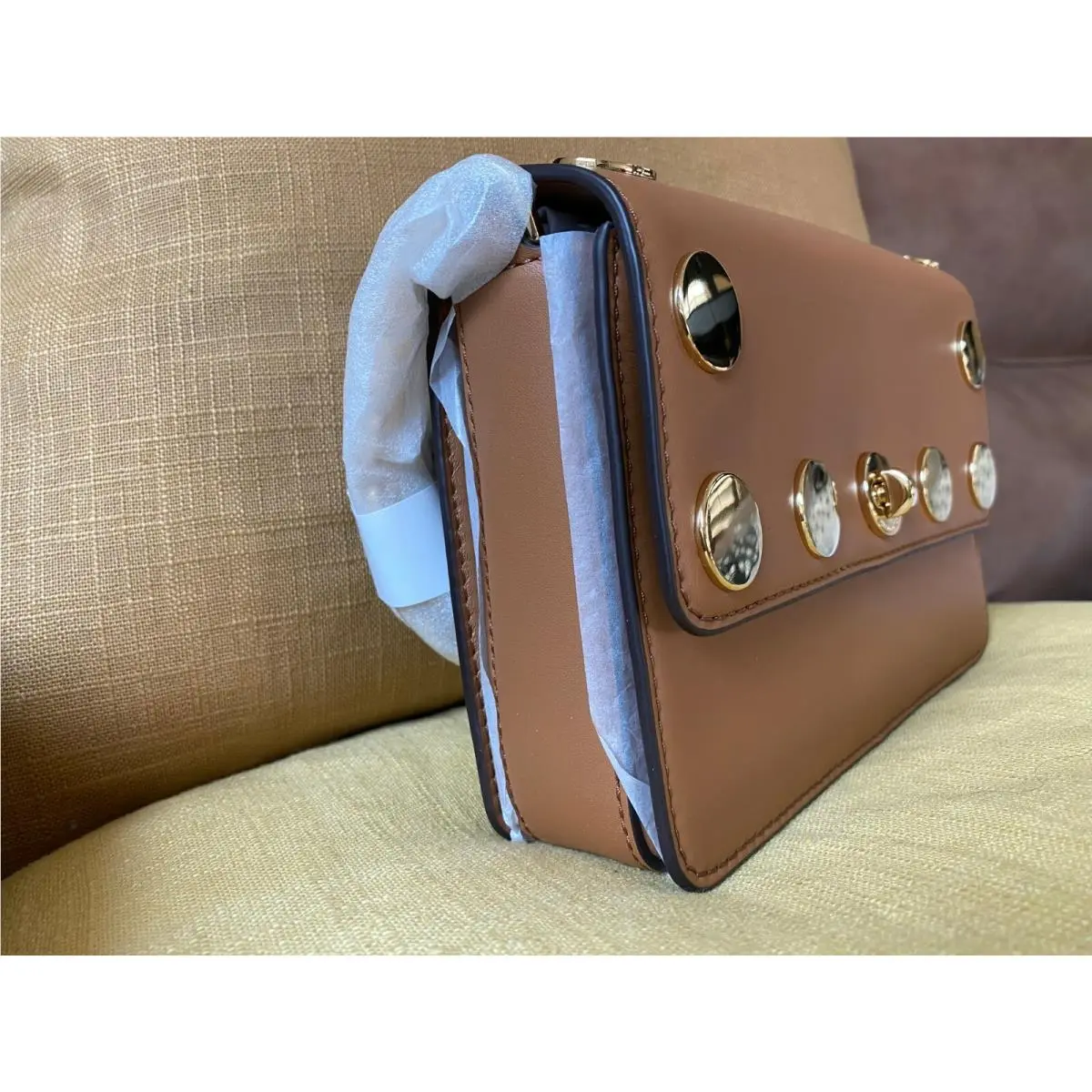 Michael Kors Rivington Stud Natalie Small Chain Crossbody Leather Bag Acorn