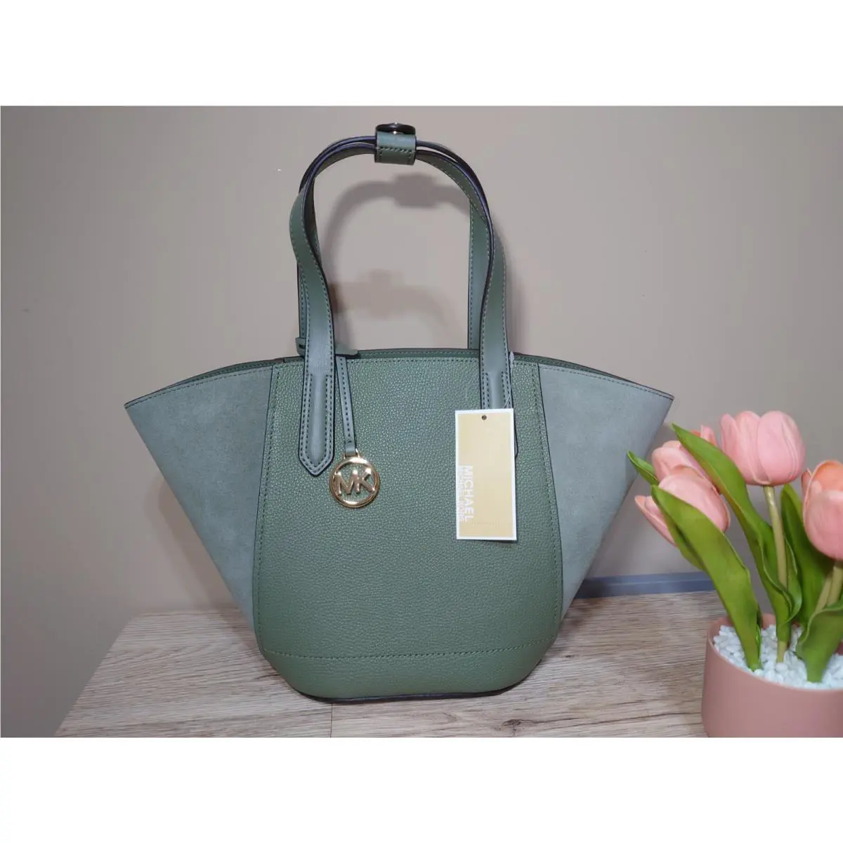 Michael Kors Portia Small Tote Handbag Bucket Bag /army Green/leather Suede