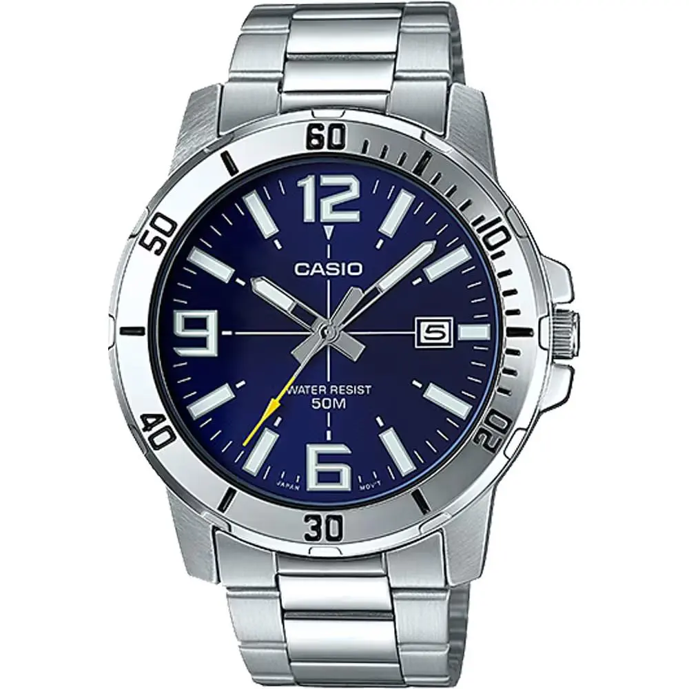 Casio MTPVD01D-2BV 45MM Case Blue Dial Bracelet Band Date 50 Meter WR - Dial: Blue, Band: Silver