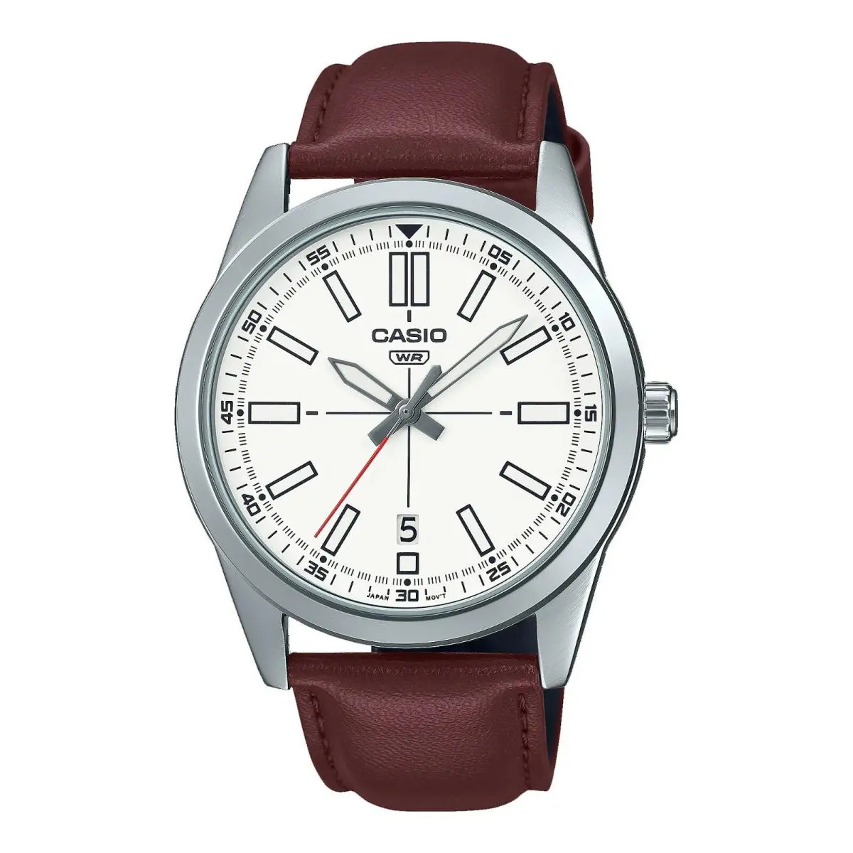 Casio MTP-VD02L-7E Men`s Dress Leather Band White Dial 3-Hand Analog Watch - Dial: White, Band: Brown, Bezel: Silver