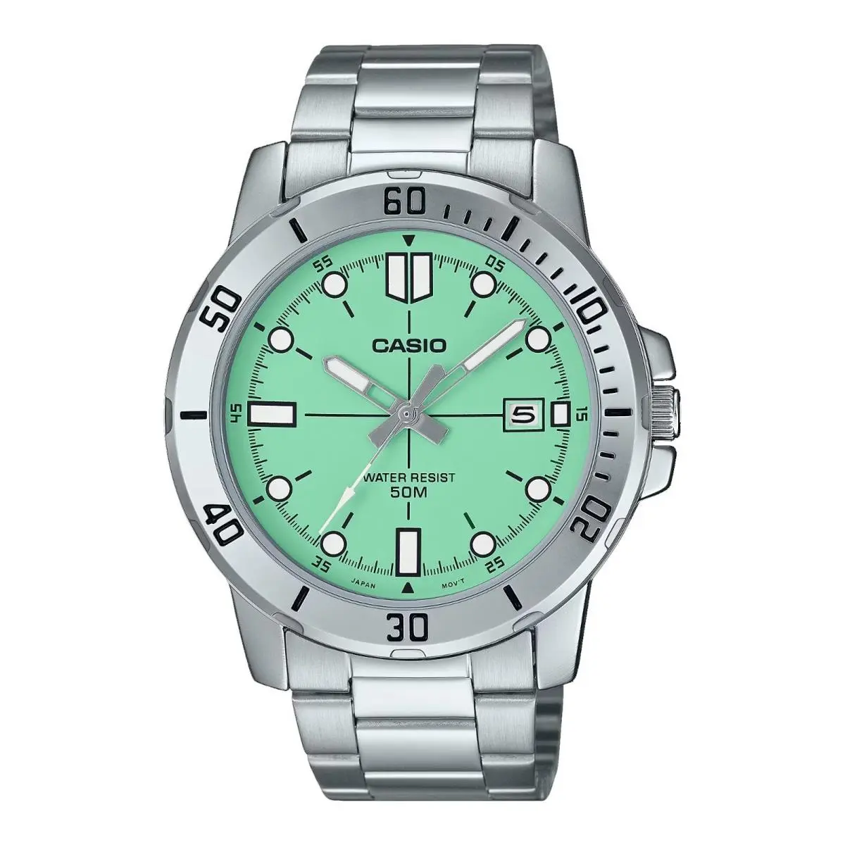 Casio MTP-VD01D-3E1V Men`s Green Dial Analog Watch Steel Band Date Indicator - Dial: Green, Band: Silver, Bezel: Silver