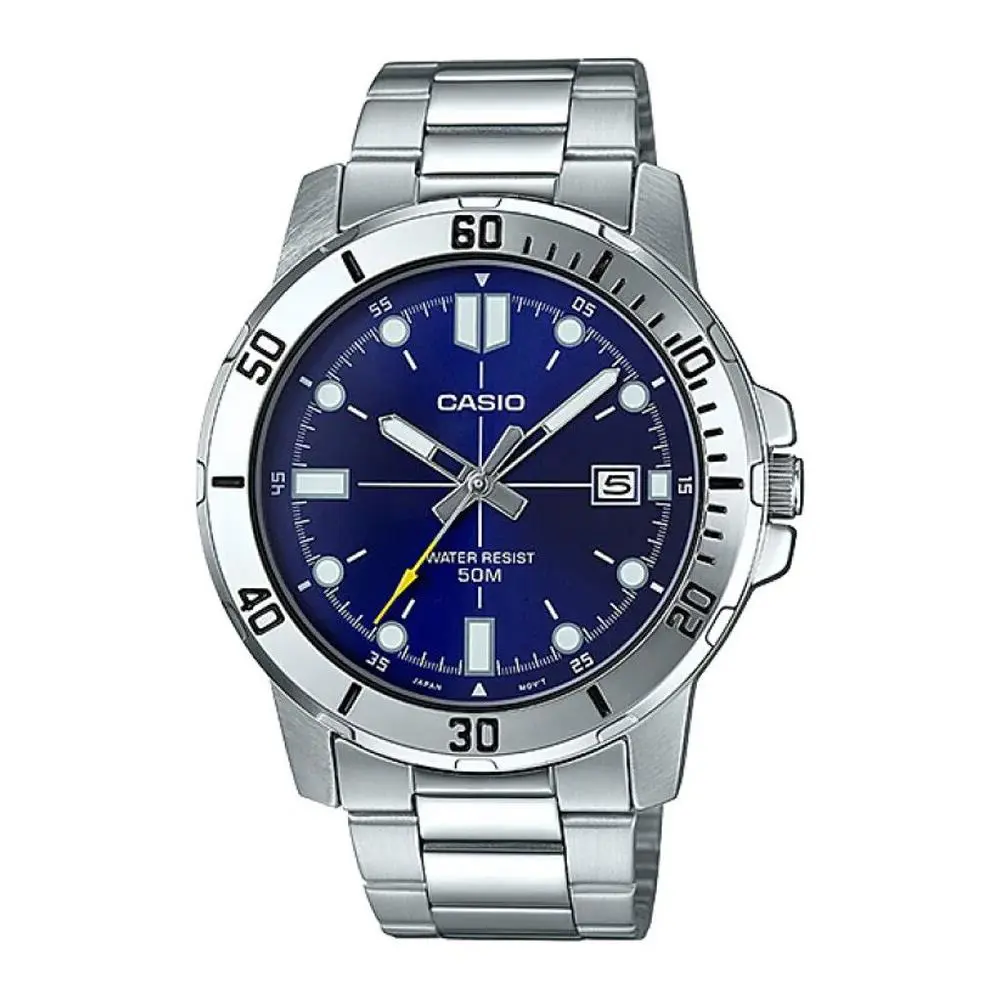 Casio MTP-VD01D-2EV Men`s Enticer Stainless Steel Blue Dial Casual Sport Watch - Dial: Black, Band: Silver