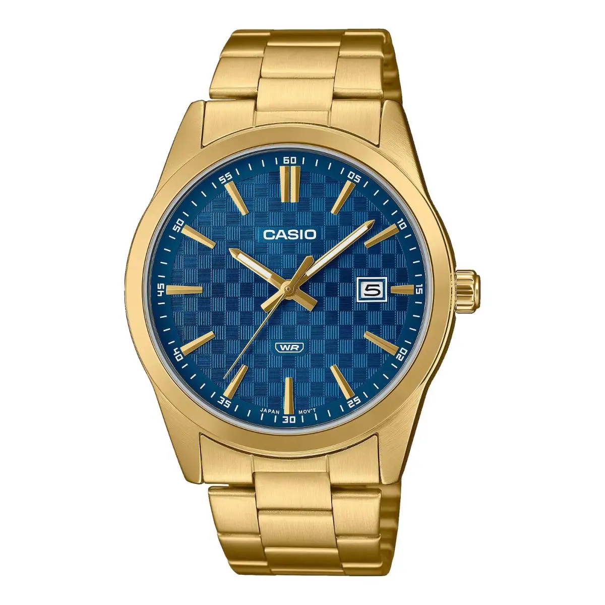 Casio MTP-VD03G-2A Men`s Standard Gold Tone Blue Dial 3-Hand Analog Date Watch - Dial: Blue, Band: Gold, Bezel: Silver
