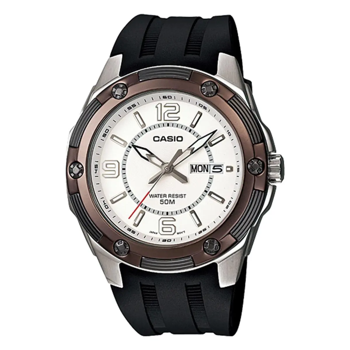 Casio MTP1327-7A2V Men`s Standard Analog Resin Band Day Date Watch - Dial: White, Band: Black, Bezel: Black