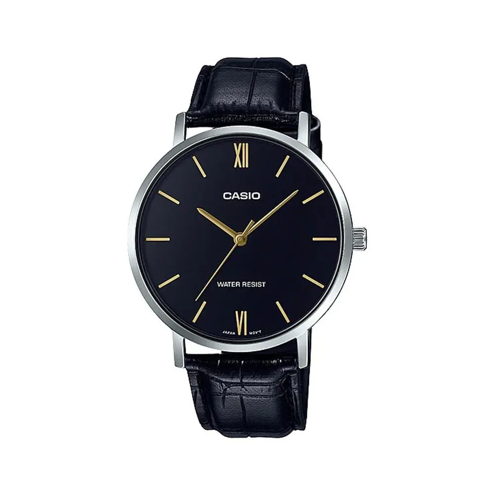 Casio MTP-VT01L-1B Men`s Minimalistic Black Dial Black Leather Band Watch - Dial: Black, Band: Black, Bezel: Silver