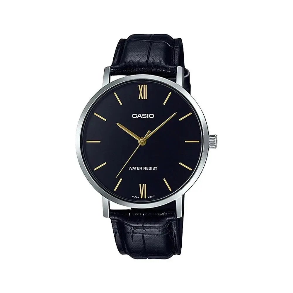 MTP-VT01L-1B Men`s Minimalistic Black Dial Black Leather Band Watch by Casio