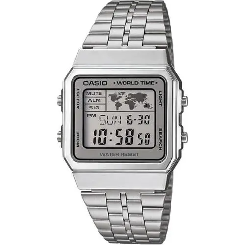Casio Vintage Digital World Time Dual Time Led Backlight Steel Band Gmt A500WA-7 - Dial: Grey, Band: Silver, Bezel: No Bezel