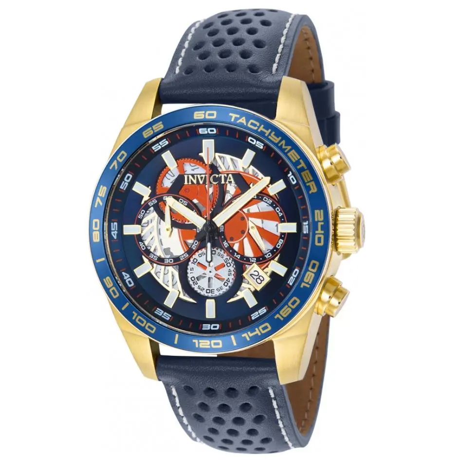 Invicta Aviator Men`s 45mm Skeleton Dial Blue Leather Chronograph Watch 41690 - Dial: Blue, Gold, Multicolor, Red, White, Yellow, Band: Blue, Bezel: Blue, Gold, Yellow