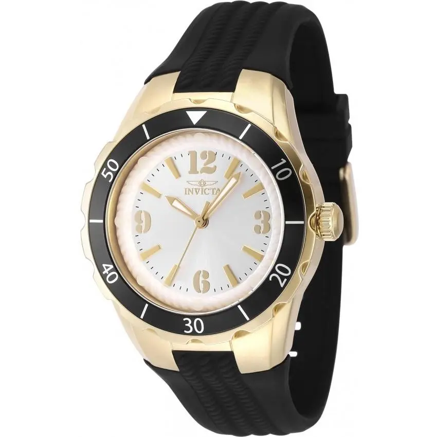 Invicta Angel Quartz Silver Dial Ladies Watch 48852 - Dial: Silver-tone, Band: Black, Bezel: Gold-tone