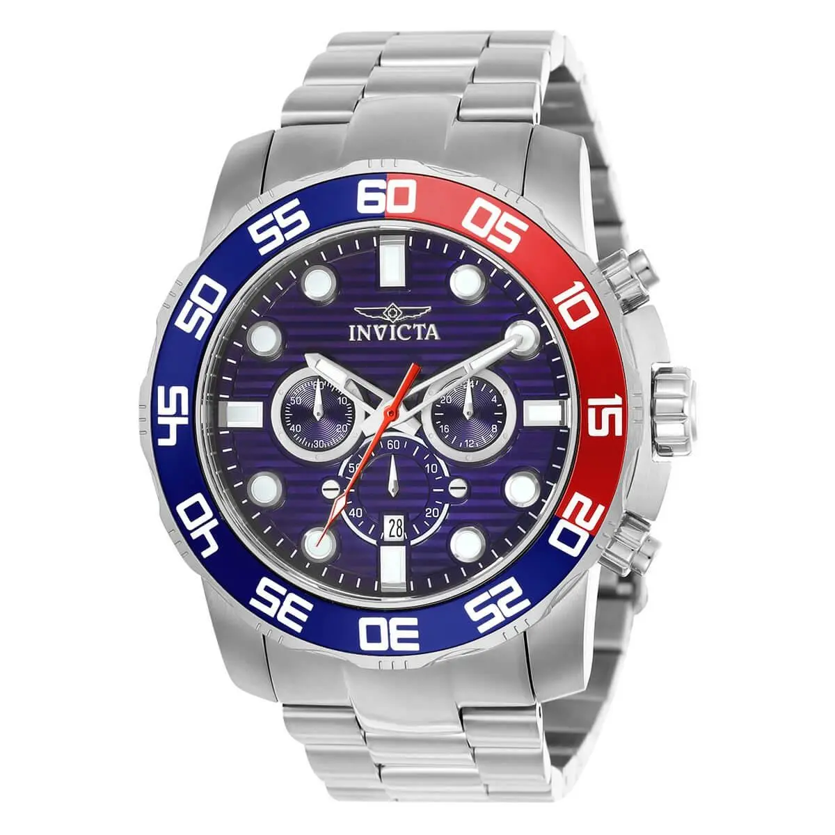 Invicta Men`s Watch Pro Diver Blue and Red Bezel Silver Tone Bracelet 22225