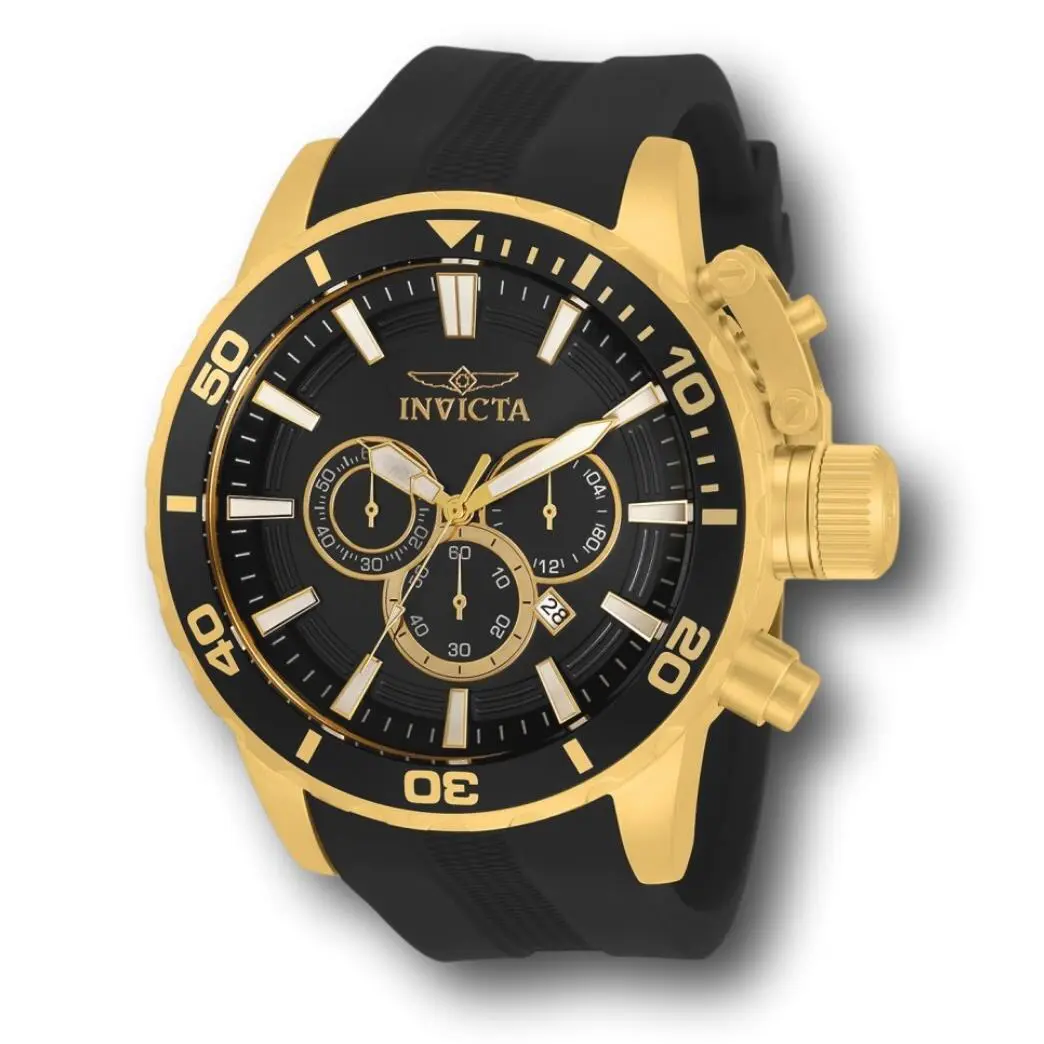 Invicta Corduba Men`s 52mm Black Dial Gold Silicone Chronograph Watch 33703 - Dial: Black, Gold, Band: Black, Bezel: Black, Gold