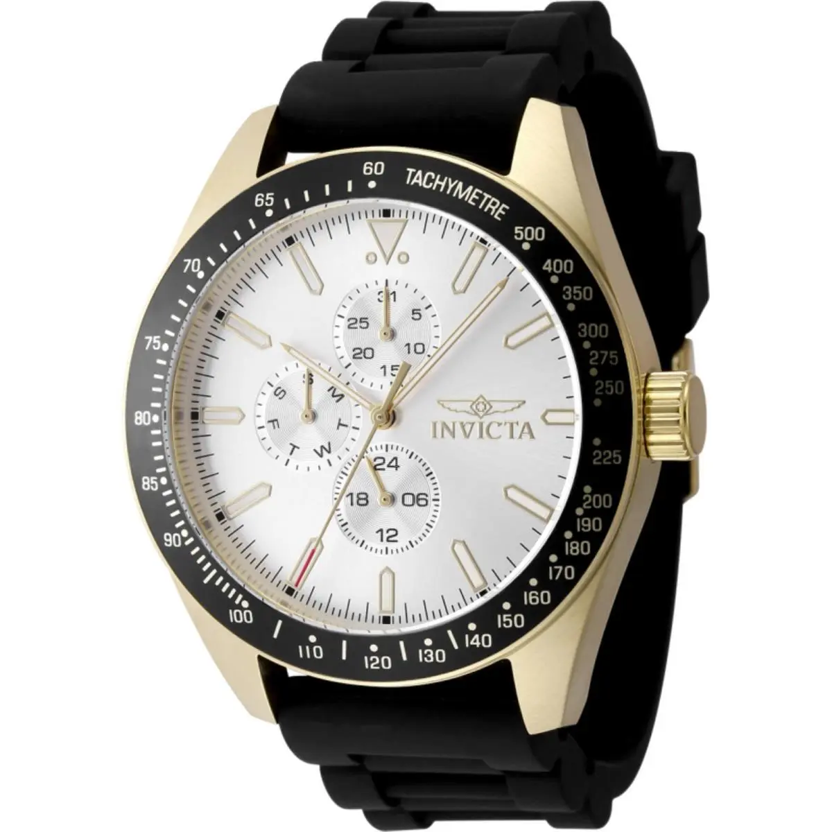 Invicta Men`s Watch Aviator Quartz Yellow Gold Case Black Silicone Strap 48857 - Dial: Silver, Band: Black