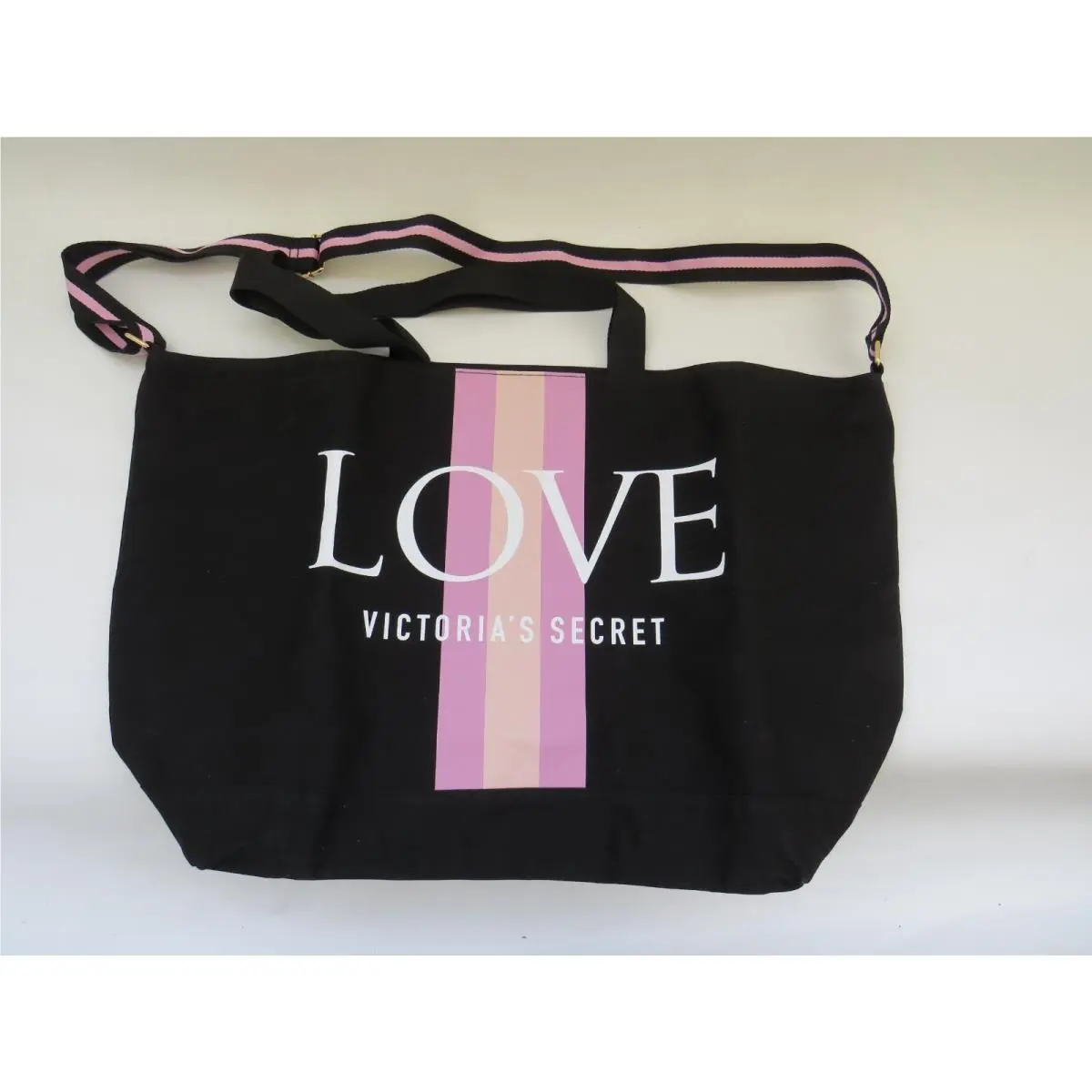 Victoria`s Victoria Secret Canvas Large Zipper Tote Bag Black Pink Love Gym by Victoria's Secret