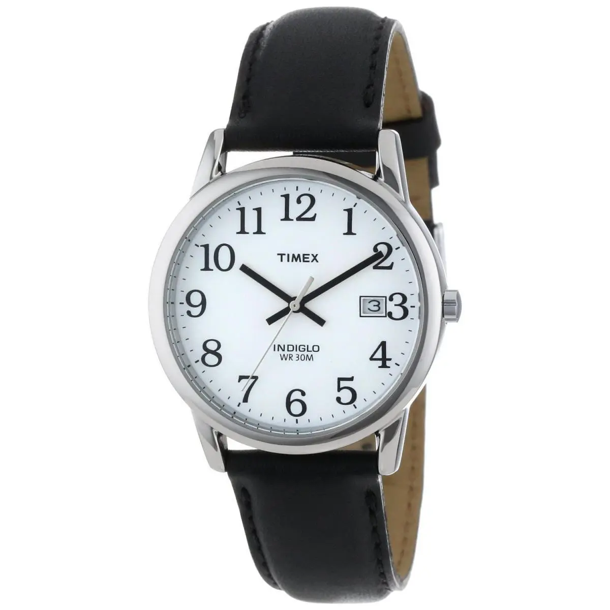 Timex T2H281 Men`s Easy Reader Black Leather Watch Indiglo Date 35MM Case - Dial: White, Band: Black