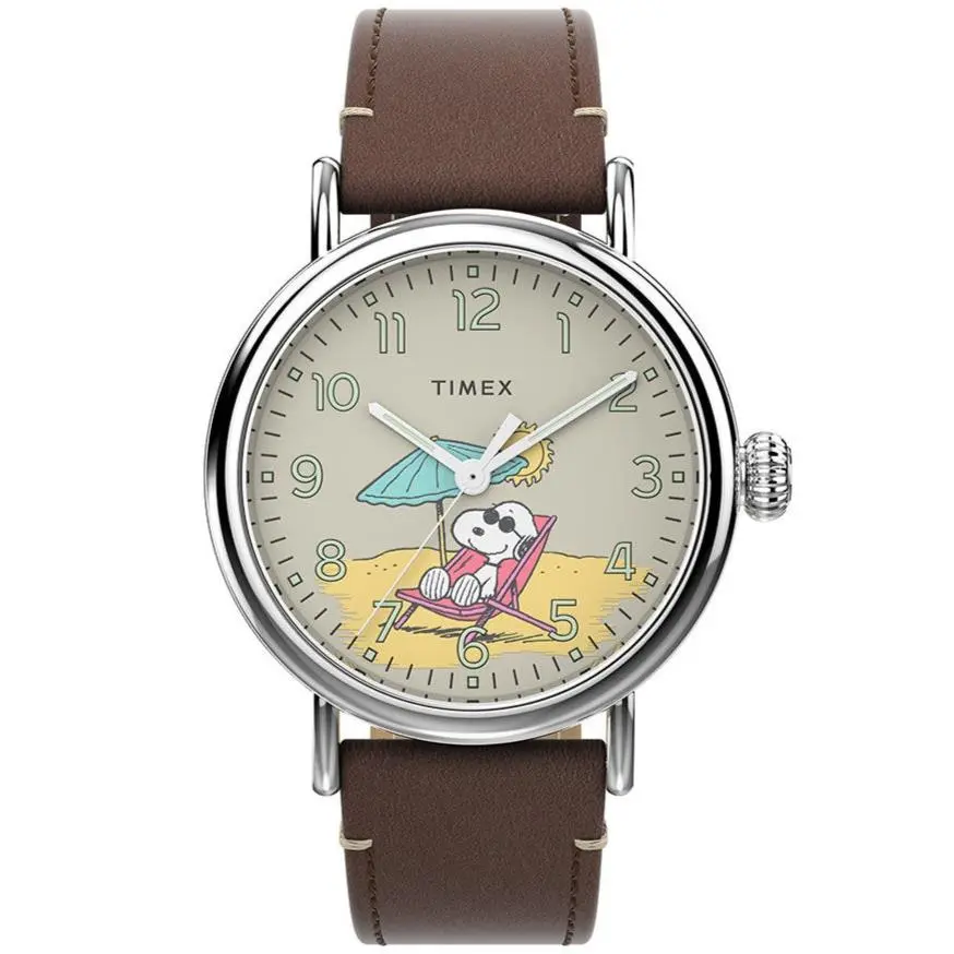 Timex Standard x Peanuts Snoopy 40mm Brown Leather Mineral Glass Watch TW2V61200 - Dial: Tan, Band: Brown, Bezel: Silver-tone