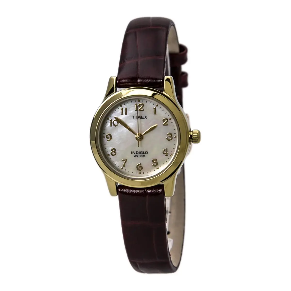 Timex T21693 Women`s Dress Mop Dial Brown Strap Gold Steel Watch
