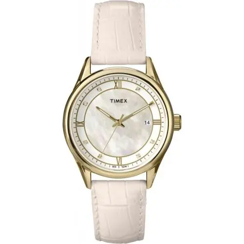 Timex Gold Tone Pink Leather Band Crystal White Mop Dial Classic Watch T2P403 - Dial: MOP, White, Band: Pink