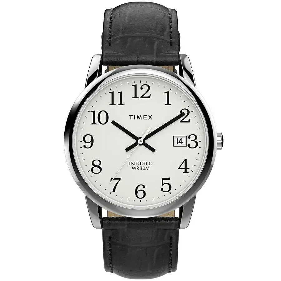 Timex TW2W95400 Men`s Easy Reader Black Leather Watch Indiglo Date 35MM Case - Dial: White, Band: Black