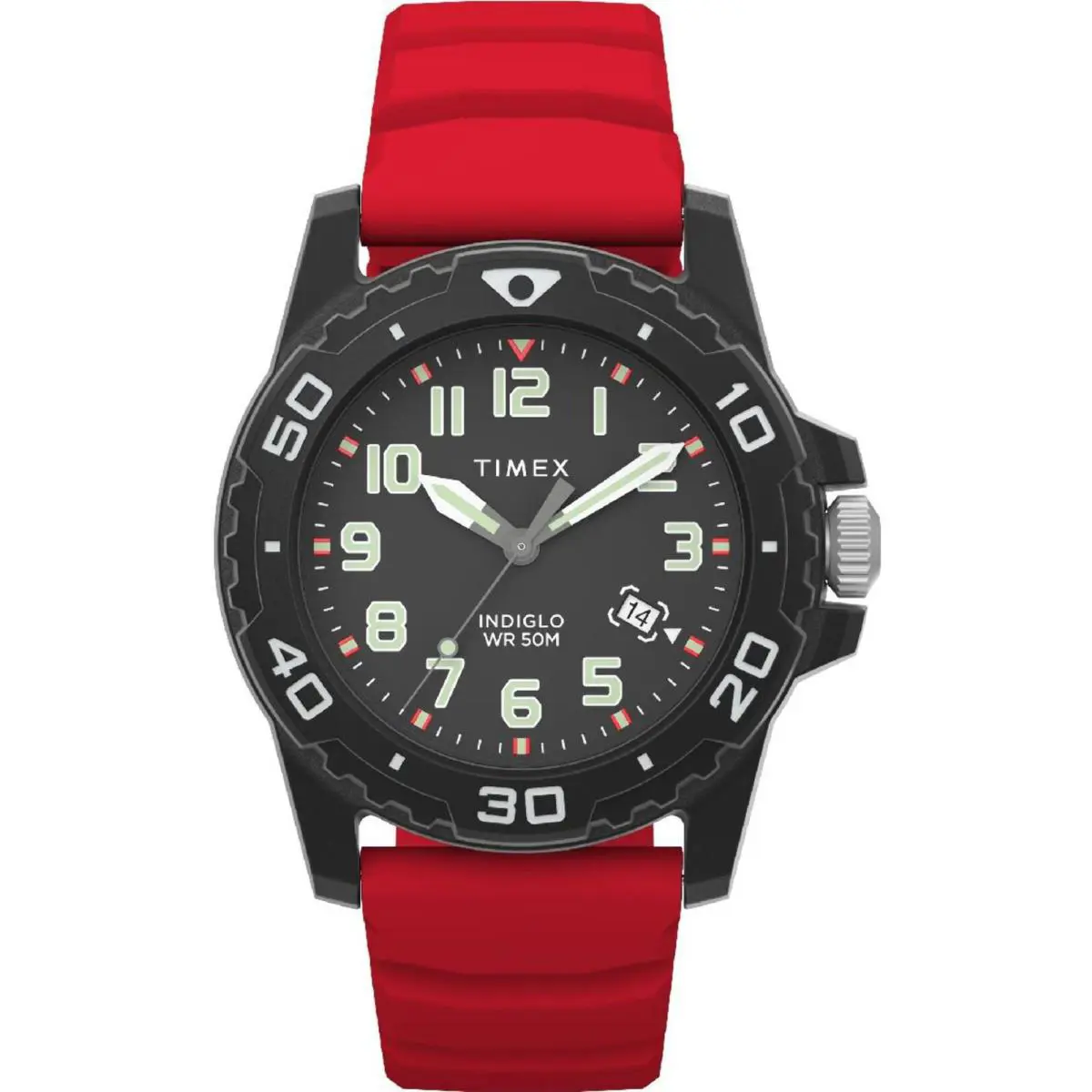 Timex TW5M61000 Men`s Main Street Diver 42mm Red Silicone Strap Watch - Black, Dial: Black, Band: Red