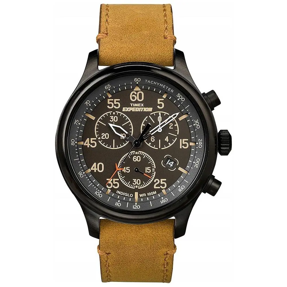 Timex TW4B12300 Men`s Expedition Leather Indiglo Watch Chronograph Date - Dial: Black, Band: Brown