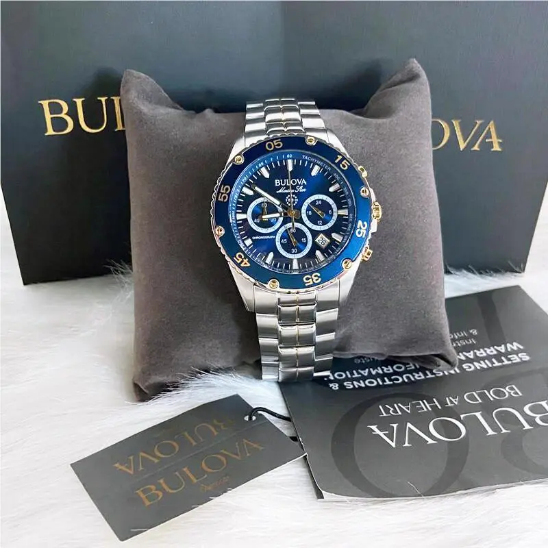 Men  Classic Blue Marine Star Chronograph 98B400 Quartz Watch 7.5-8-8.5 Blue, Gold by Bulova